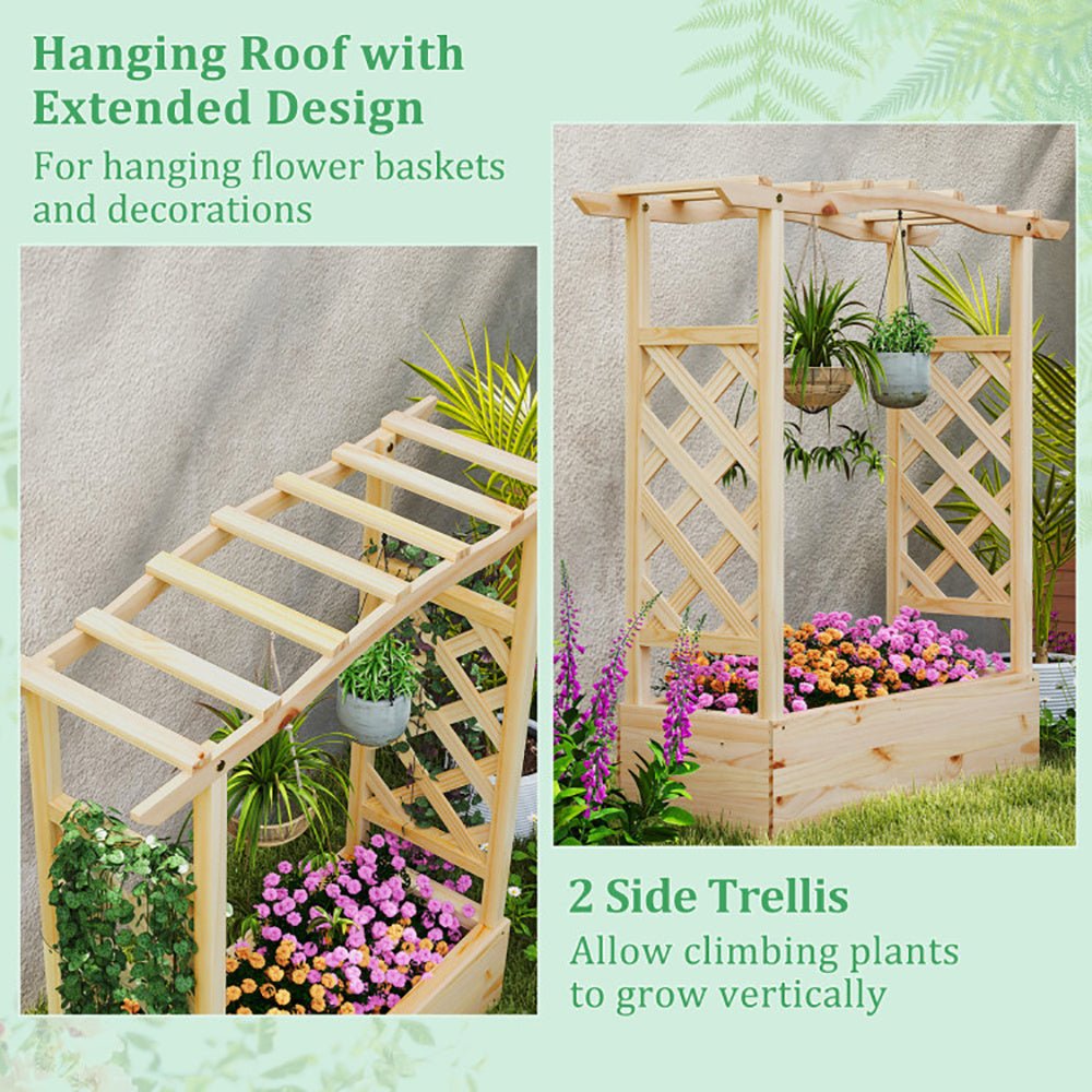 Wooden Raised Garden Bed with Trellis & Roof – Elevated Planter Box for Climbing Plants | Outdoor Garden Decor