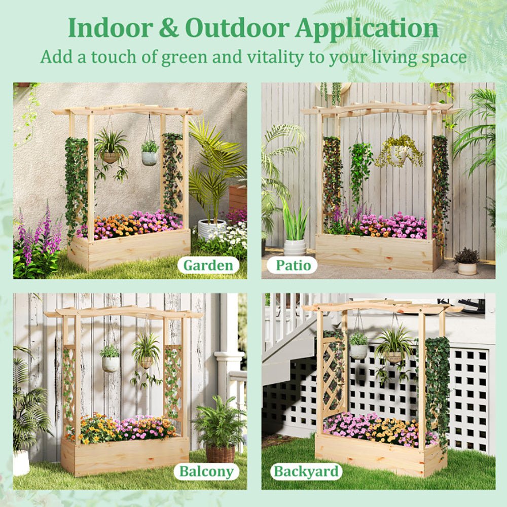 Wooden Raised Garden Bed with Trellis & Roof – Elevated Planter Box for Climbing Plants | Outdoor Garden Decor