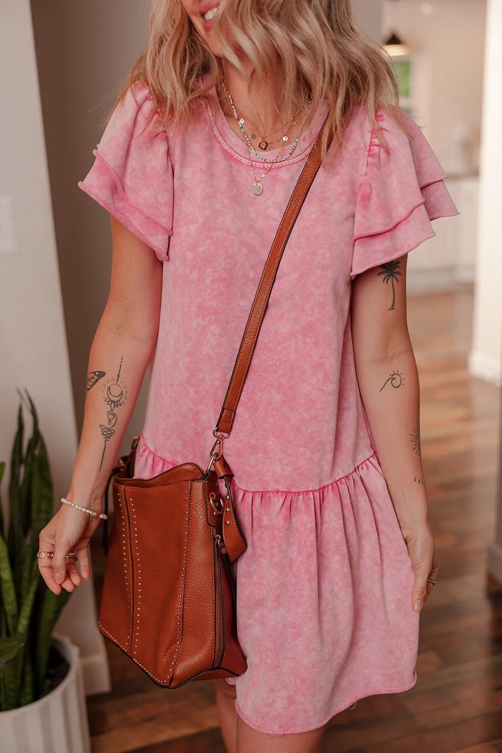 Mineral Wash Raw Edge Ruffle Mini Dress – Dusty Pink by Simply Love