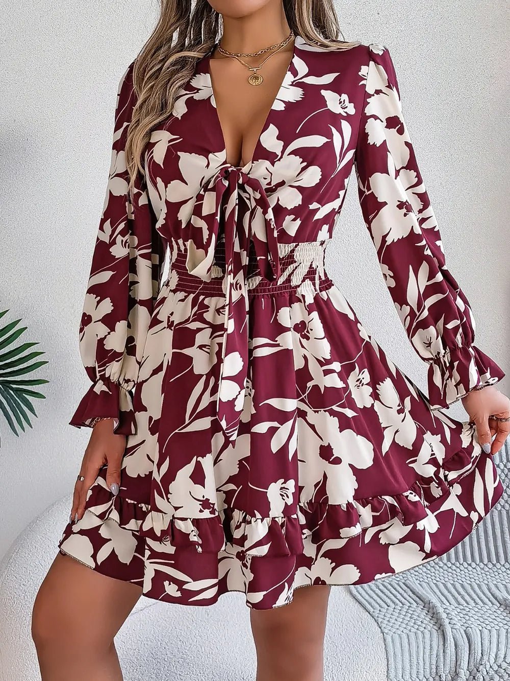 Tied Ruffled Printed Long Sleeve Dress – Burgundy Women's Top for Shopify Collective (5 view)