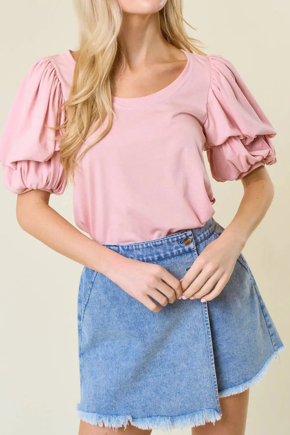 Round Neck Bubble Sleeve Top – Blush Pink by Simply Love