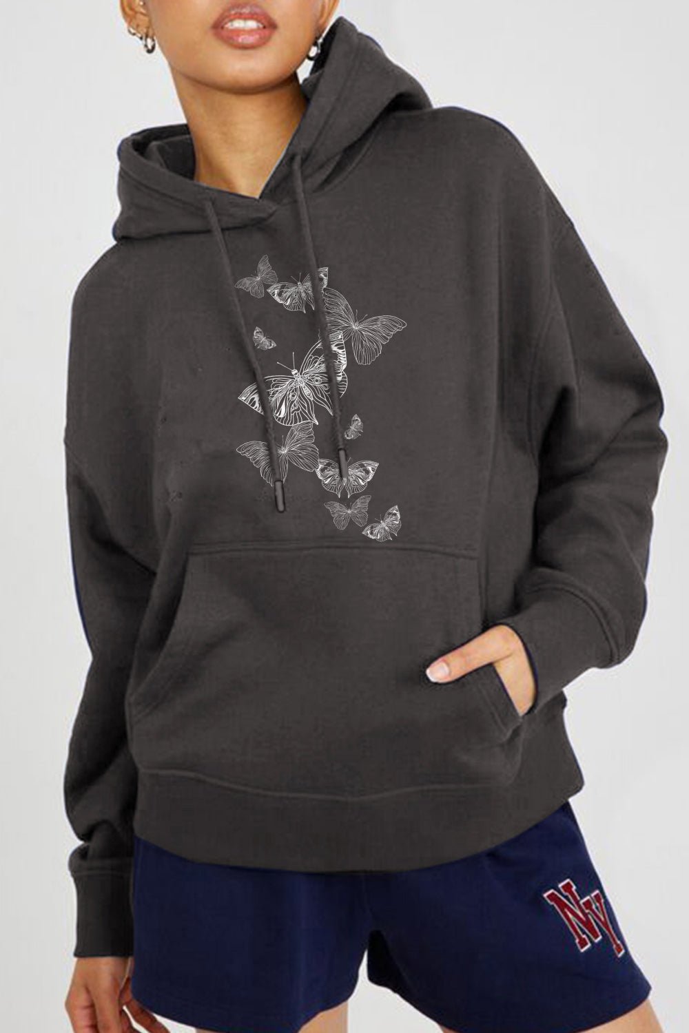 Simply Love Simply Love Full Size Dropped Shoulder Butterfly Graphic Hoodie – Charcoal by Simply Love
