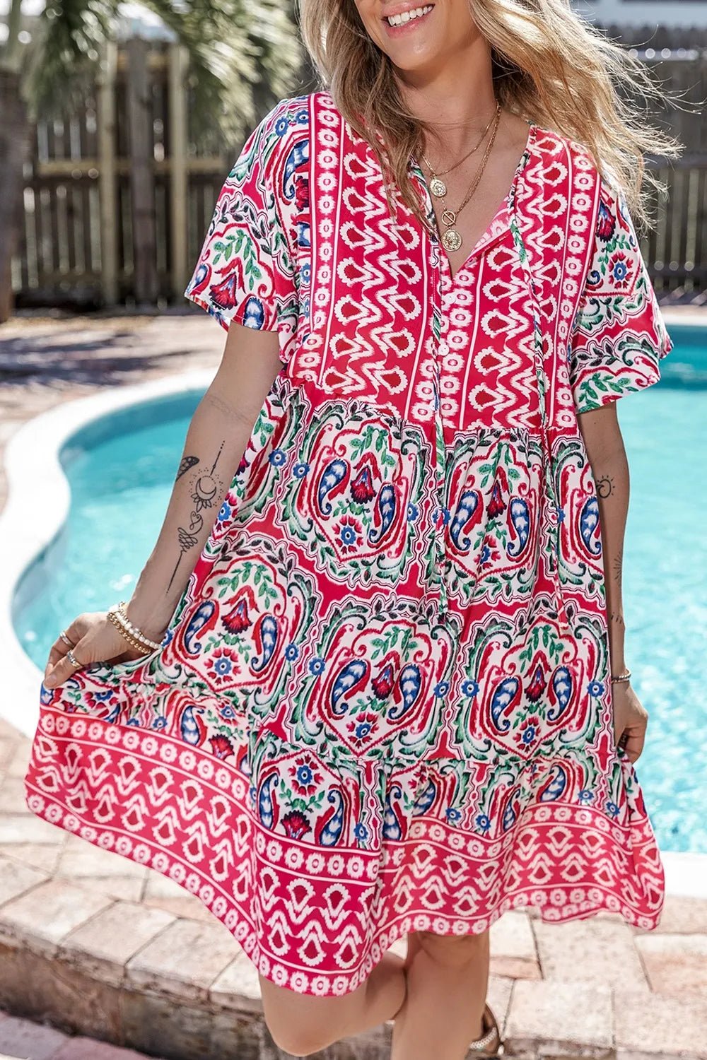 Printed Tie Neck Short Sleeve Dress – Floral for Shopify Collective (3 view)