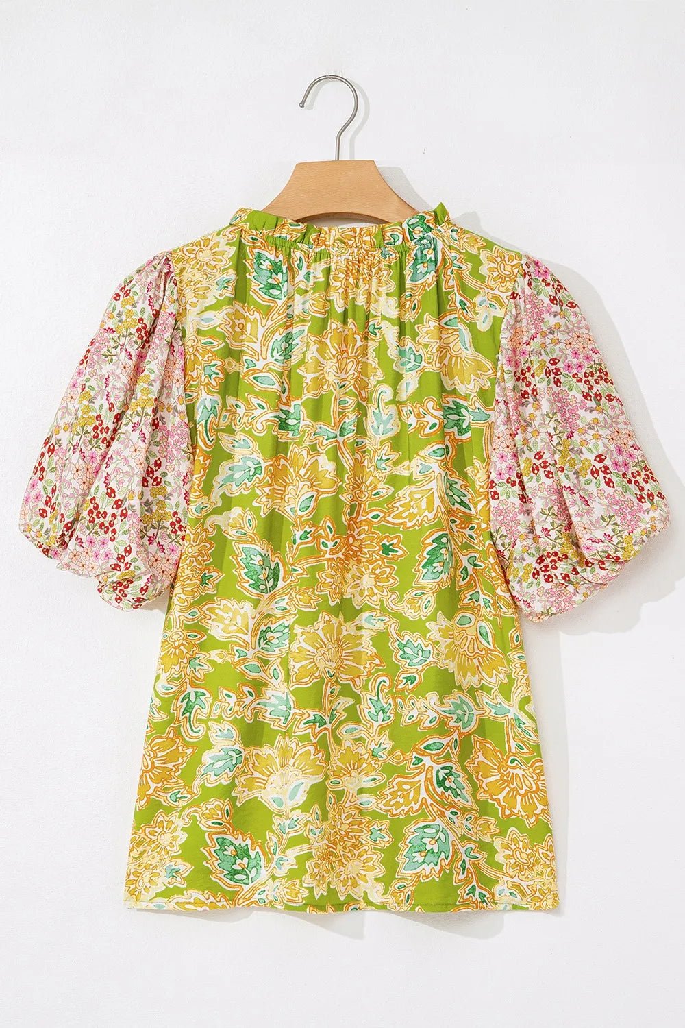 Multicolour Printed Contrast Bubble Sleeve Patchwork Blouse – Floral Top for Shopify Collective (5 view)