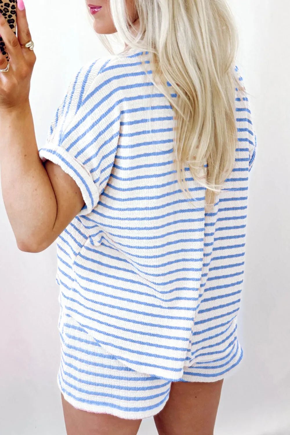 Stripe Knitted Short Sleeve Top and Drawstring Shorts Set – Light Blue for Shopify Collective (11 view)