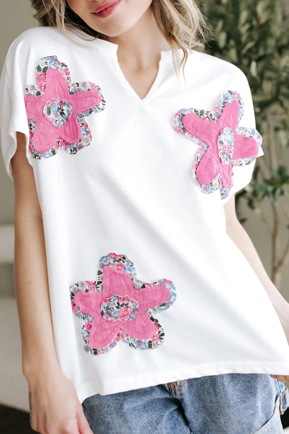 Floral Applique Notched Dolman Sleeve Top – White for Shopify Collective (3 view)