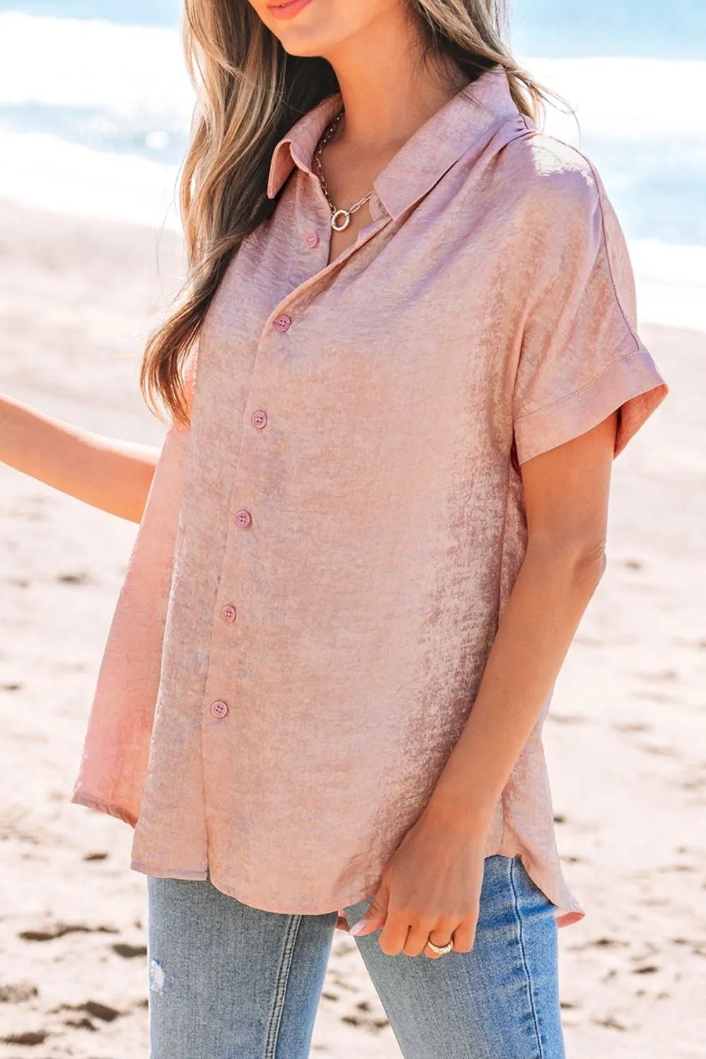 Button Down Short Sleeve Shirt – Pale Blush for Shopify Collective (3 view)
