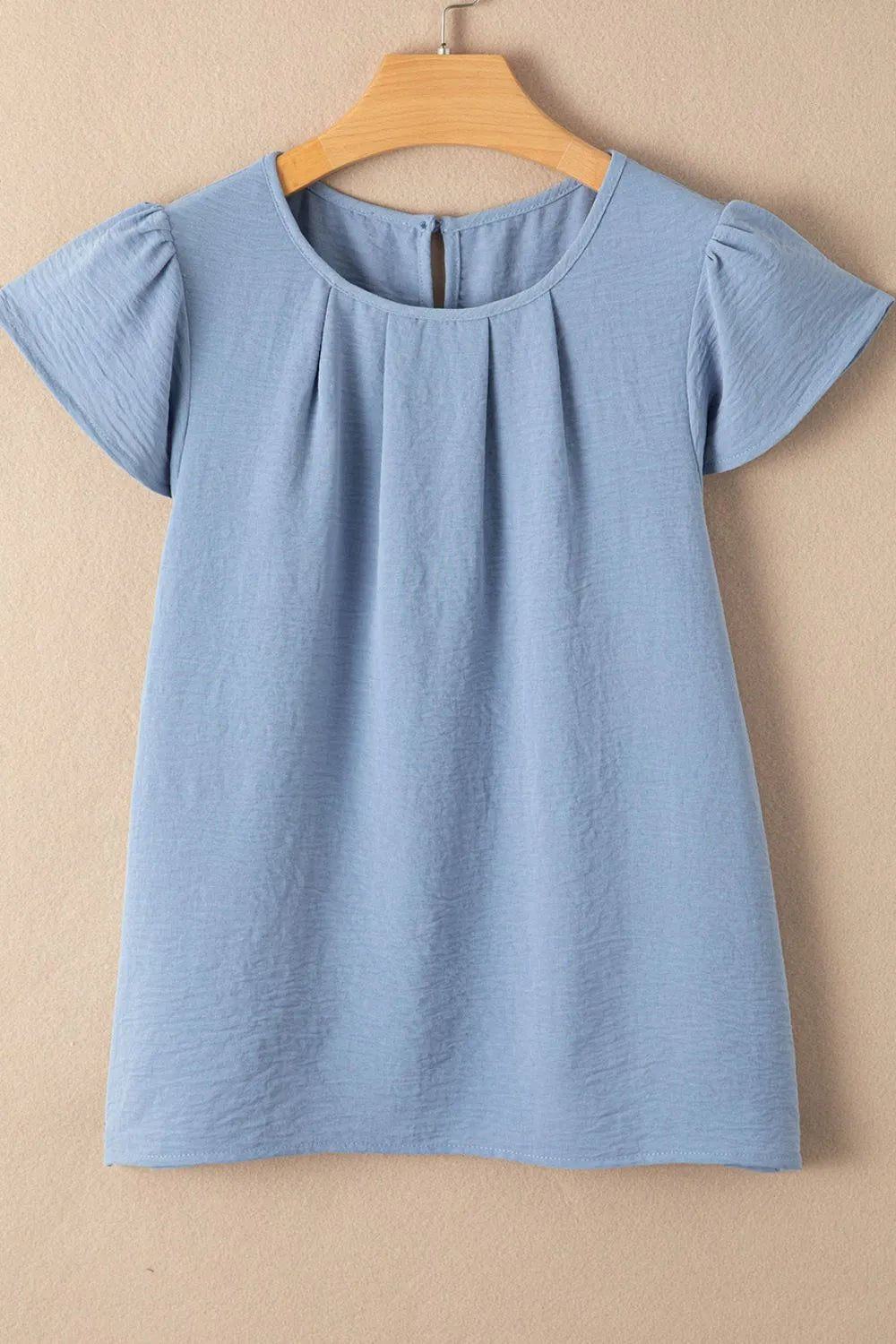 Solid Color Flounce Sleeve Pleated Round Neck Blouse – Light Blue by Simply Love