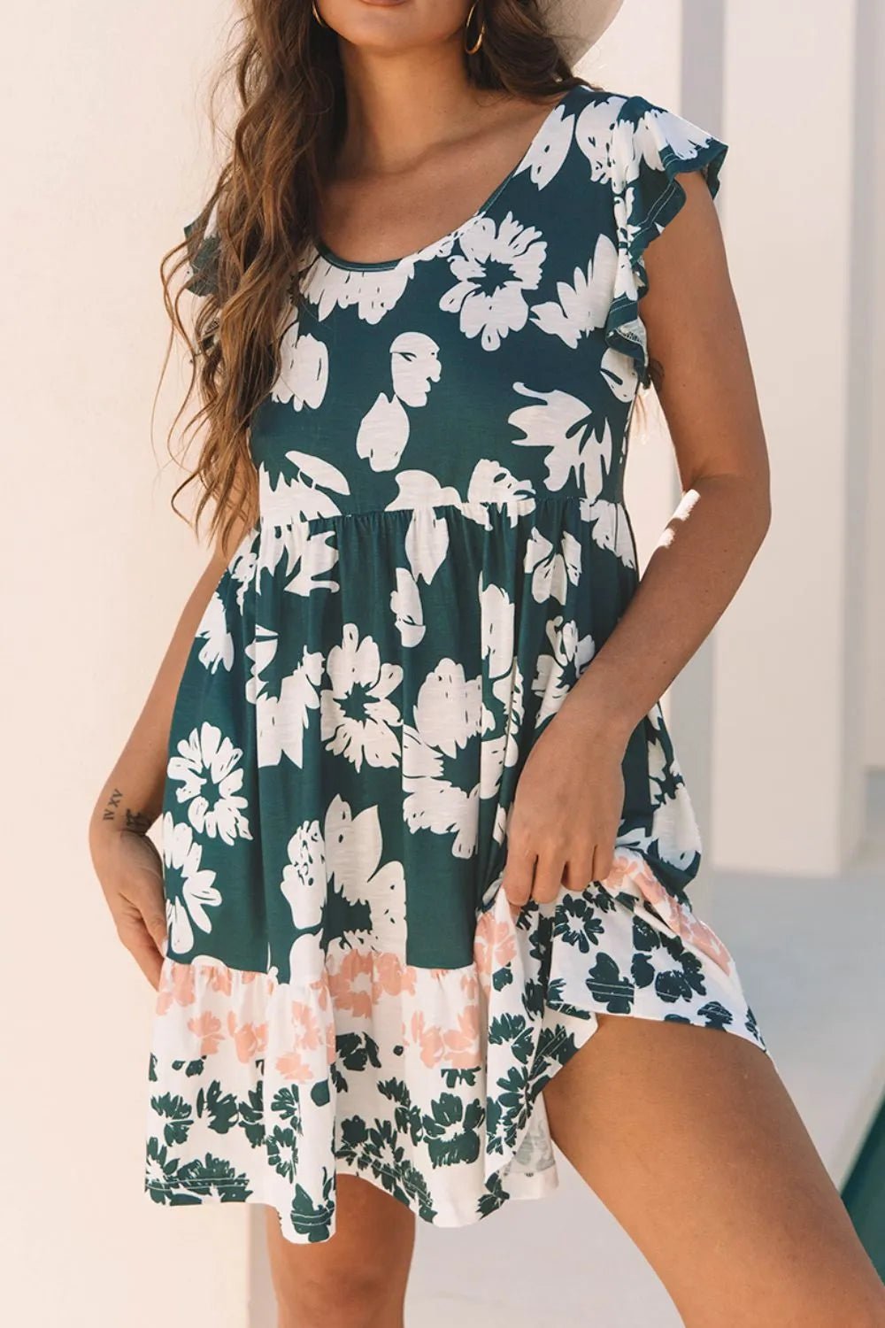Floral Print Ruffle Sleeve Empire Waist Mini Dress – Dark Green for Shopify Collective (1 view)