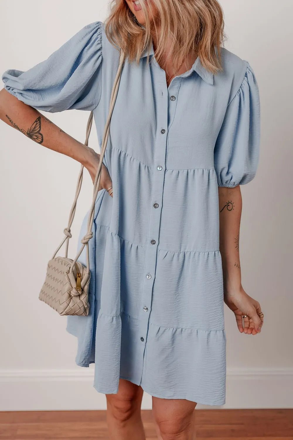 Button Up Puff Sleeve Tiered Shirt Dress – Light Blue by Simply Love