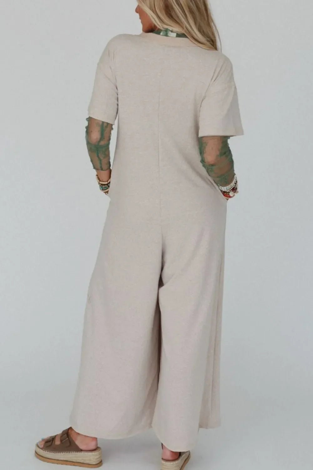 Pocket Front Short Sleeve Wide Leg Jumpsuit – Beige for Shopify Collective (4 view)