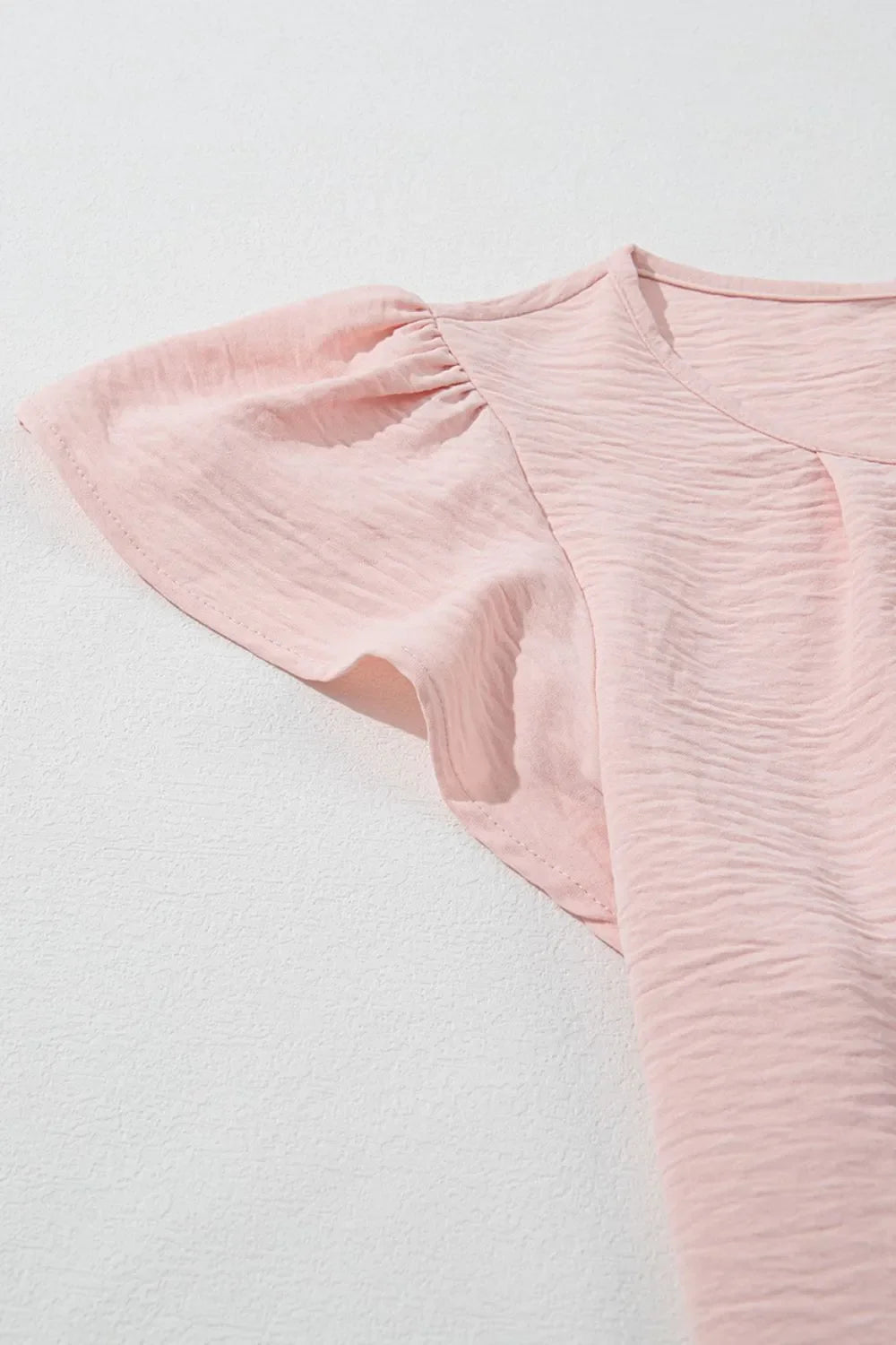 Solid Color Flounce Sleeve Pleated Round Neck Blouse – Blush Pink by Simply Love