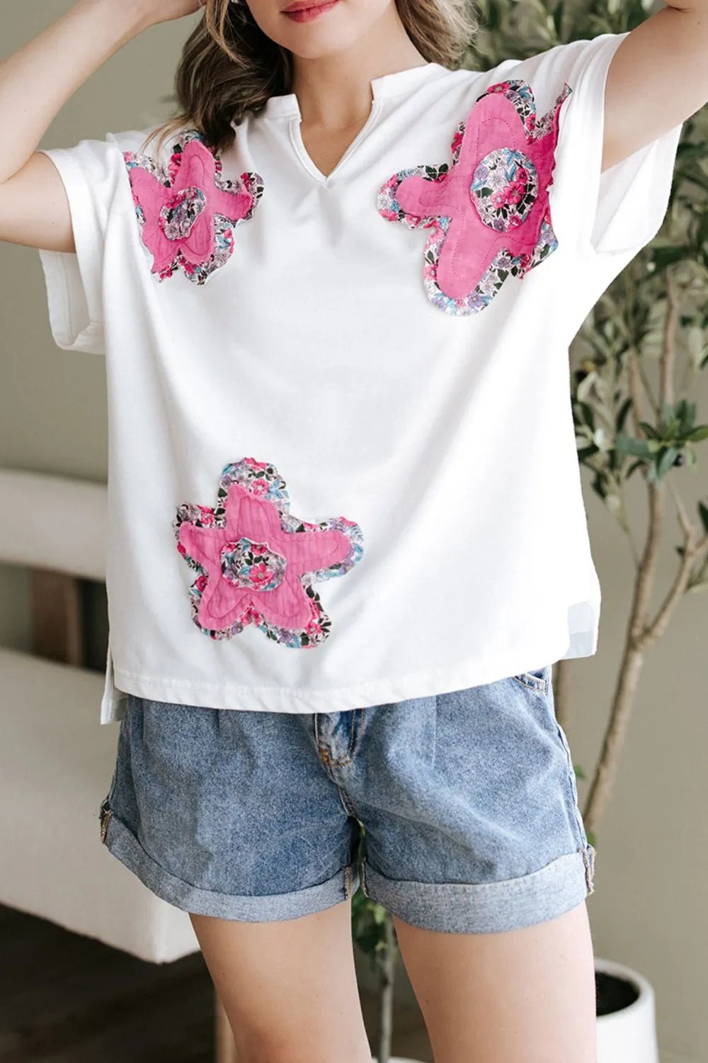 Floral Applique Notched Dolman Sleeve Top – White for Shopify Collective (4 view)