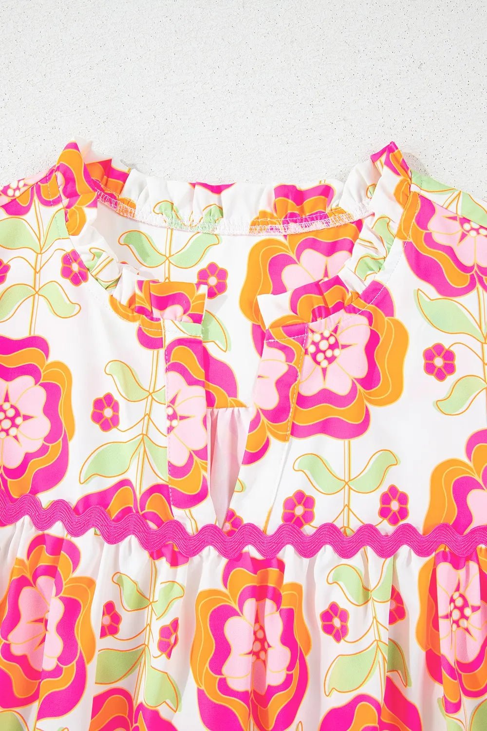Floral Ruffled Sleeve Ric - Rac Trim Split Neck Loose Blouse – Floral by Simply Love