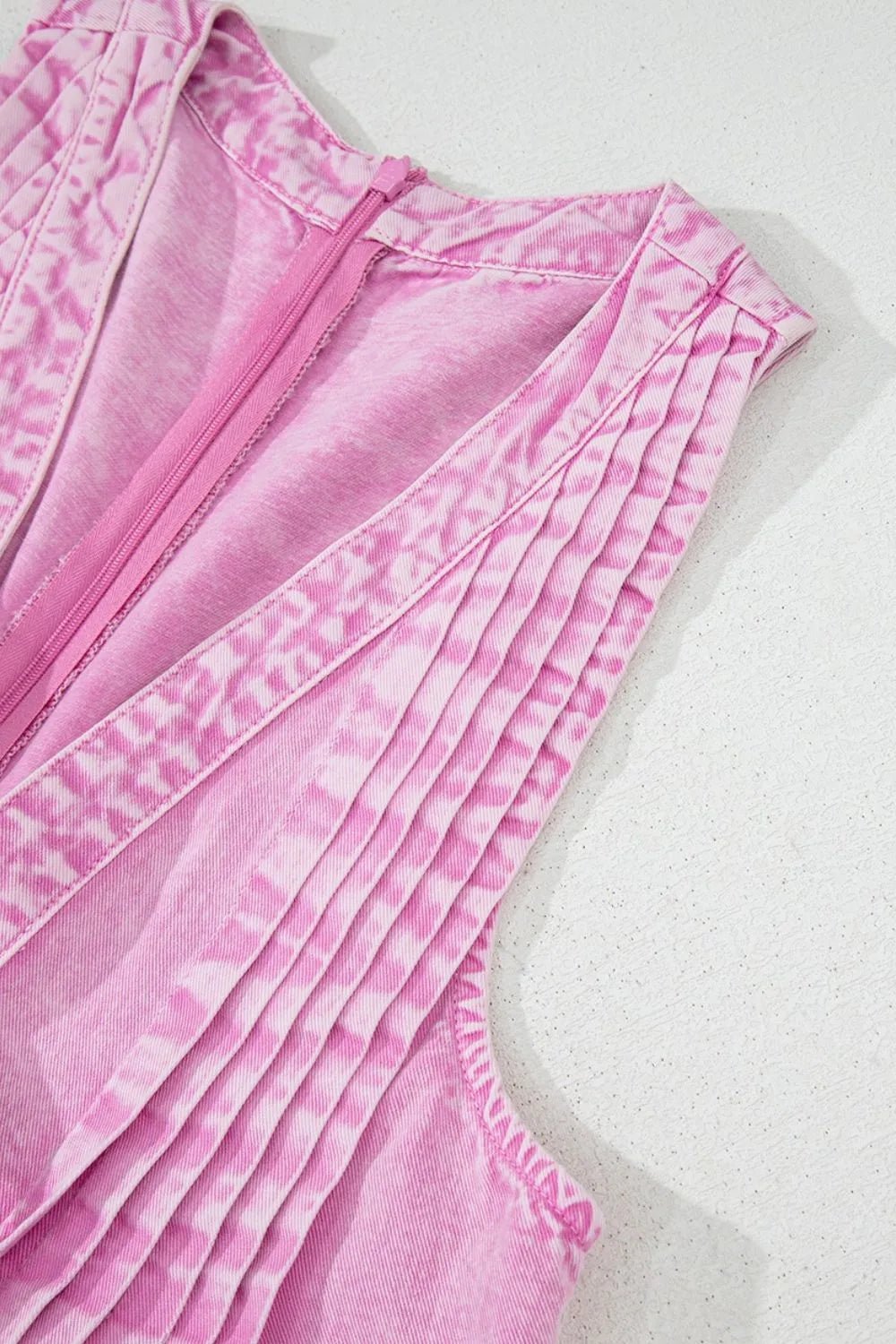 Mineral Wash Pleated Bust V Neck Sleeveless Denim Romper – Pink for Shopify Collective (5 view)