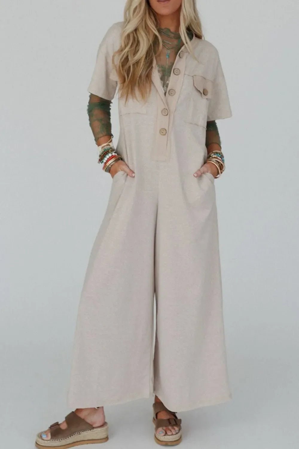 Pocket Front Short Sleeve Wide Leg Jumpsuit – Beige for Shopify Collective (3 view)