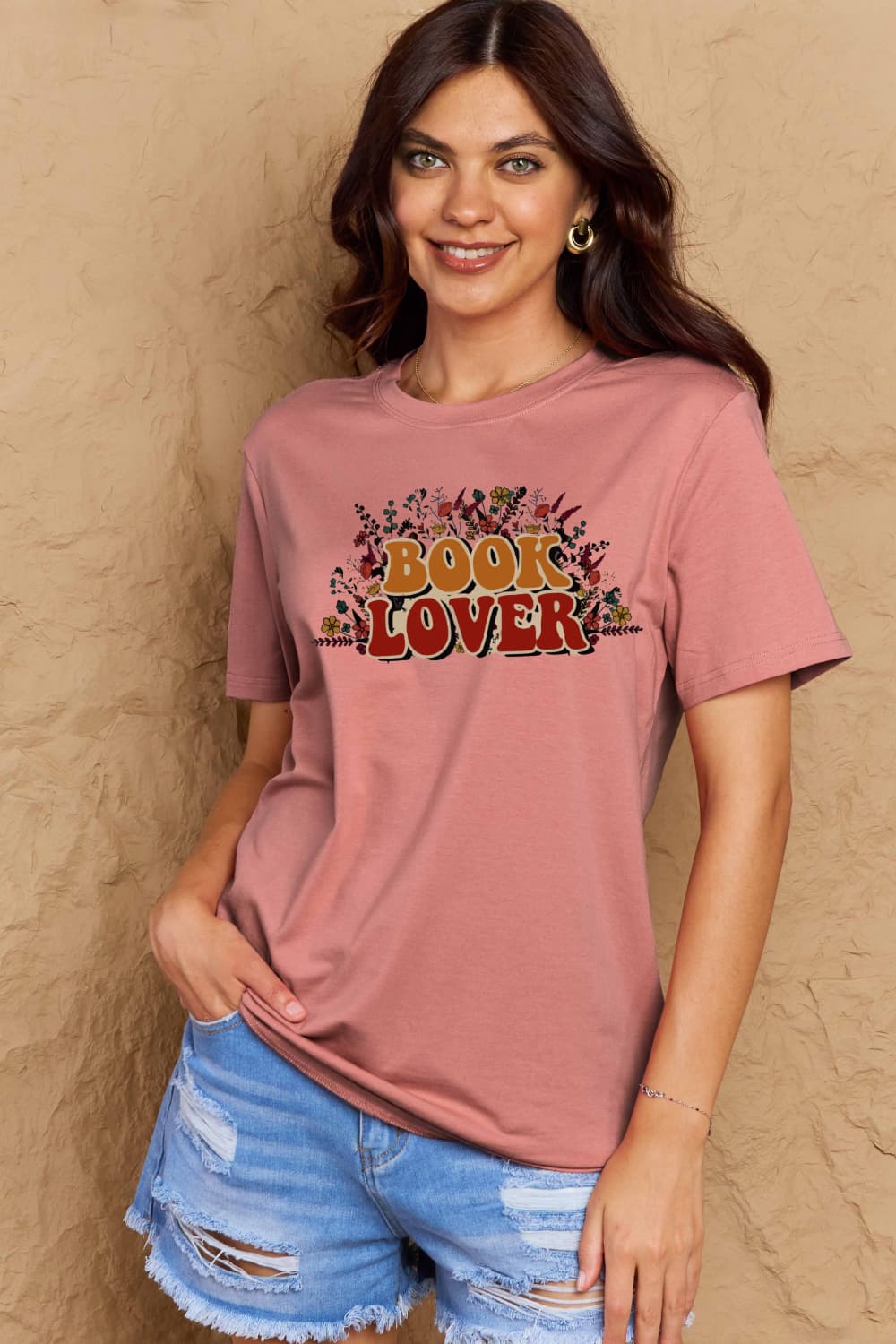 Simply Love Full Size BOOK LOVER Graphic Cotton Tee – Dusty Pink Women's Top for Shopify Collective (5 view)
