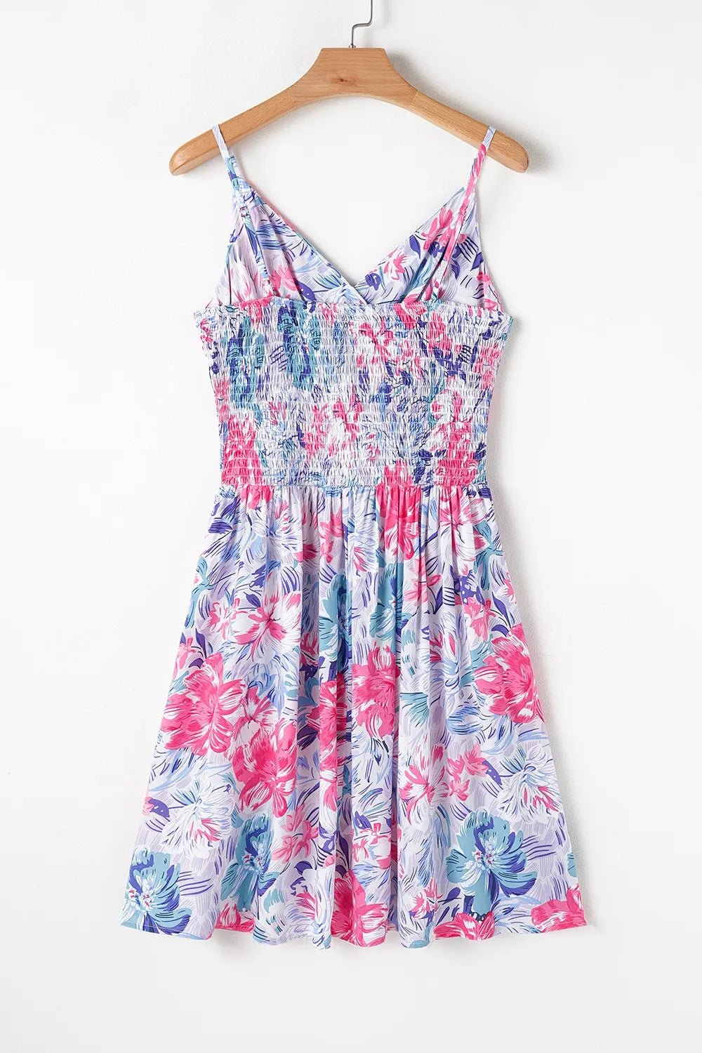 Floral Spaghetti Strap Surplice Neck Shirred Waist Mini Dress – Floral for Shopify Collective (7 view)