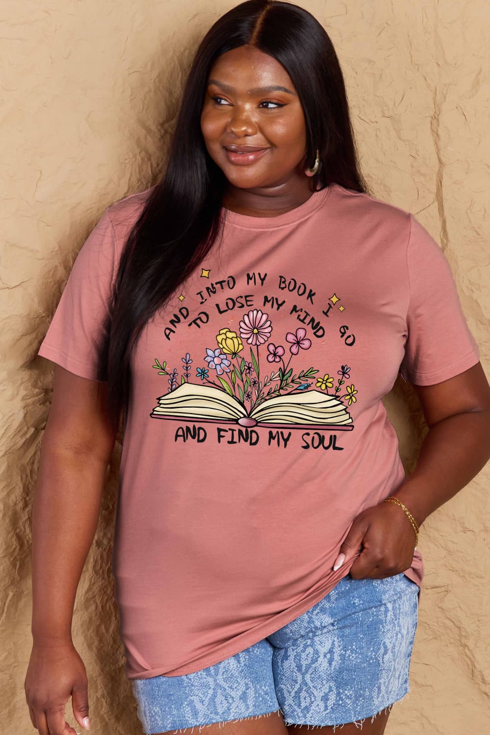 Simply Love Full Size Book & Flower Graphic Cotton Tee – Dusty Pink by Simply Love
