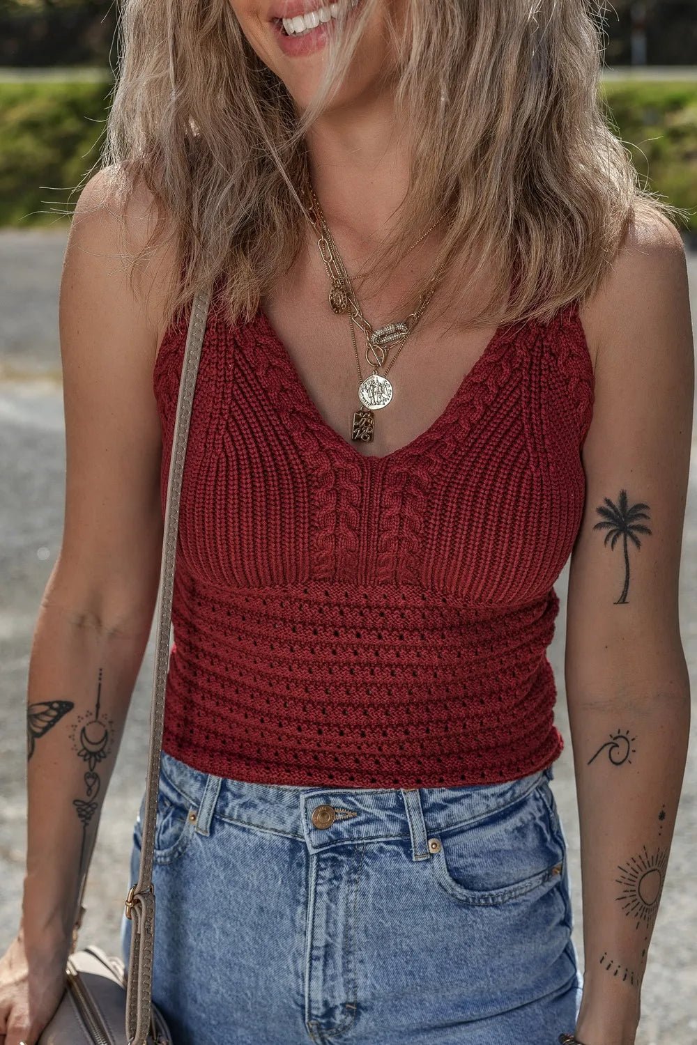 Cable Knit Pointelle Slim Fit V Neck Sweater Vest – Burgundy for Shopify Collective (3 view)