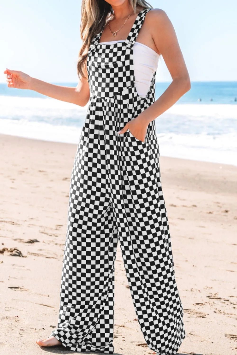 Checkered Print Pocketed Wide Leg Jumpsuit – Black for Shopify Collective (5 view)