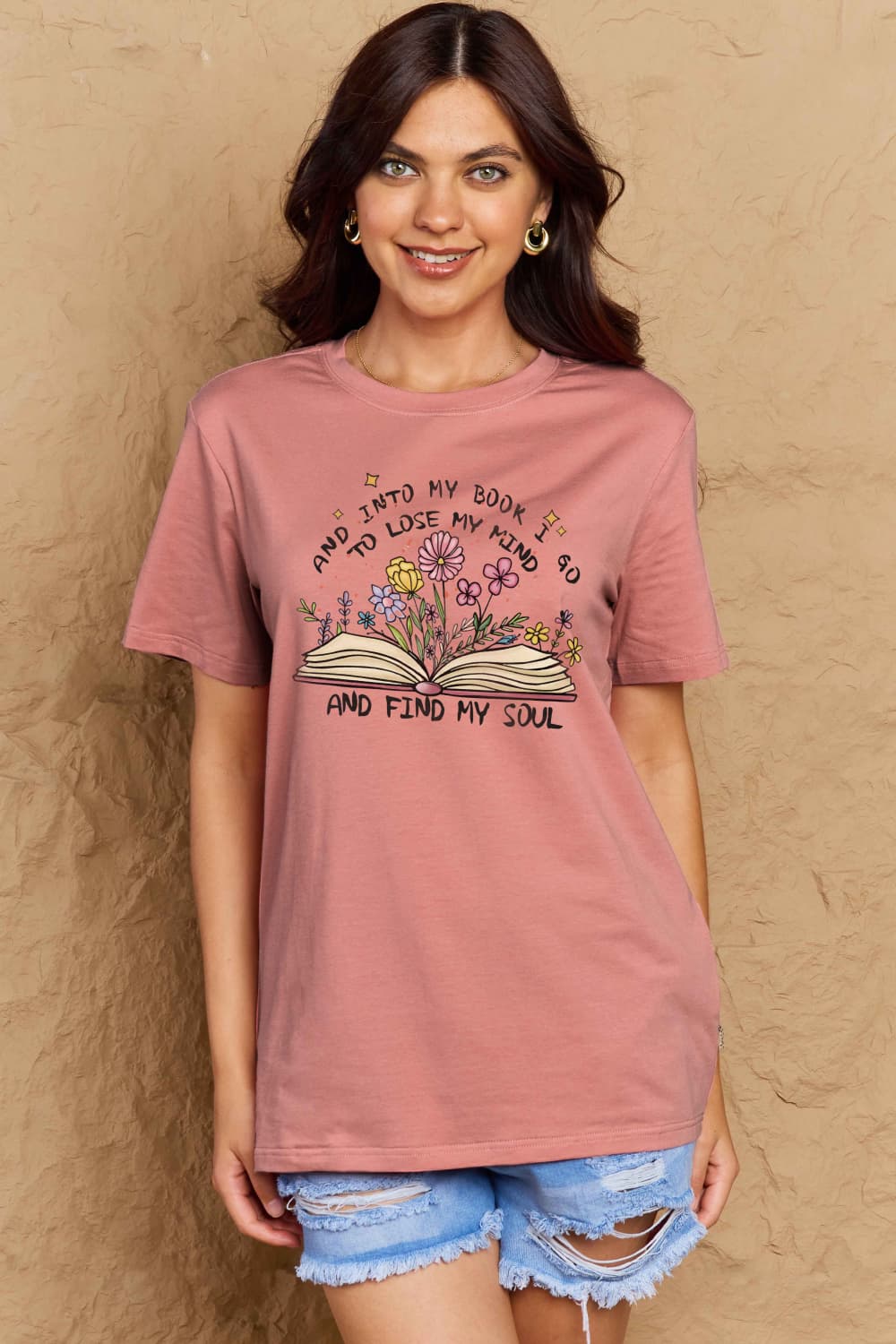 Simply Love Full Size Book & Flower Graphic Cotton Tee – Dusty Pink by Simply Love