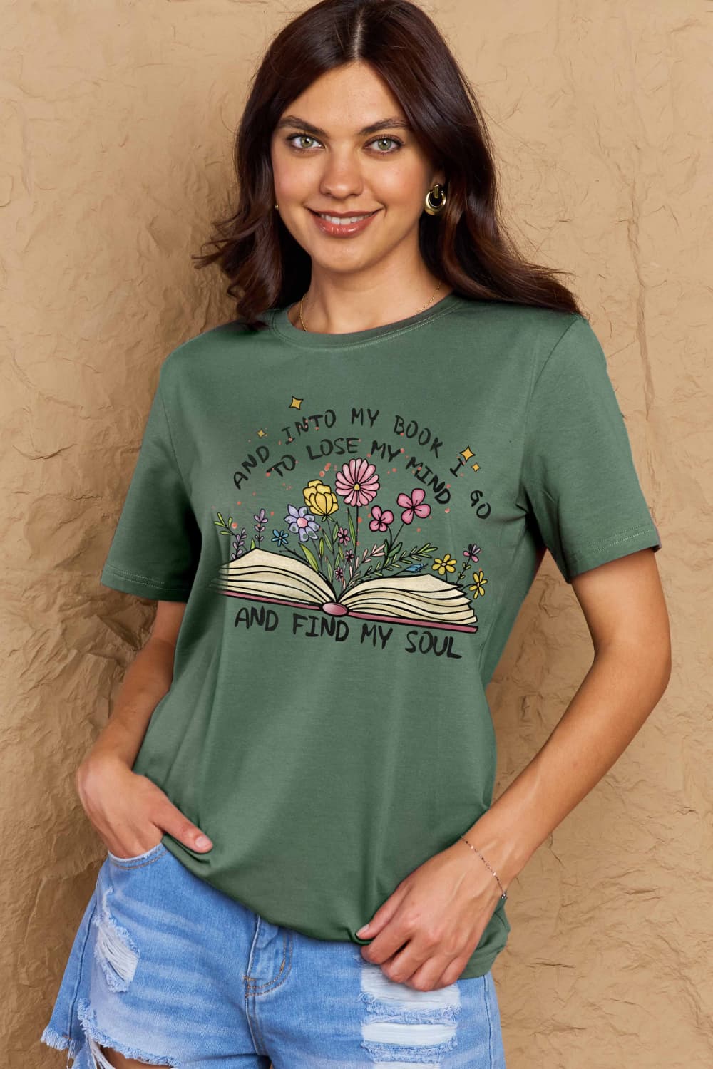 Simply Love Full Size Book & Flower Graphic Cotton Tee – Green by Simply Love