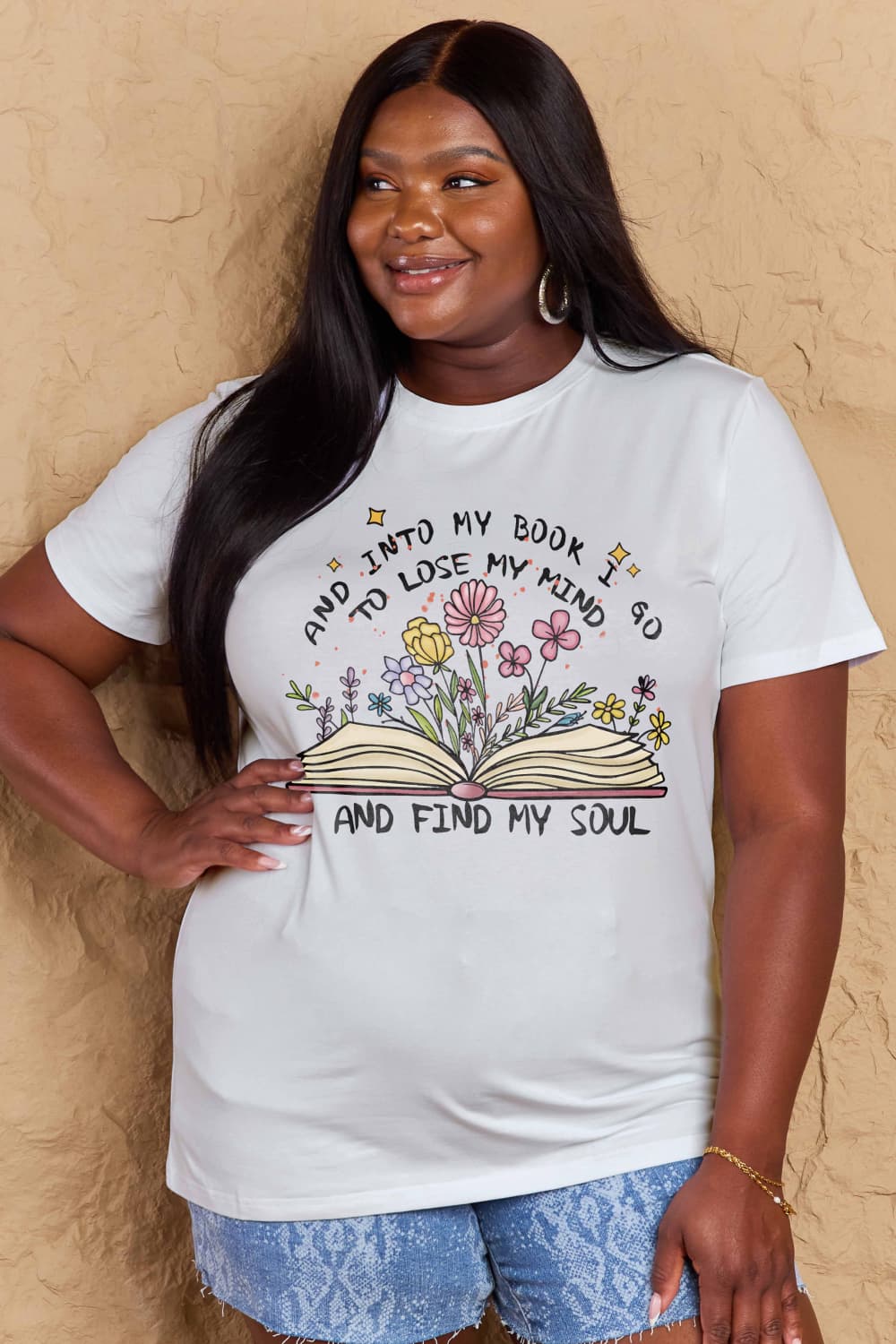 Simply Love Full Size Book & Flower Graphic Cotton Tee – Bleach by Simply Love