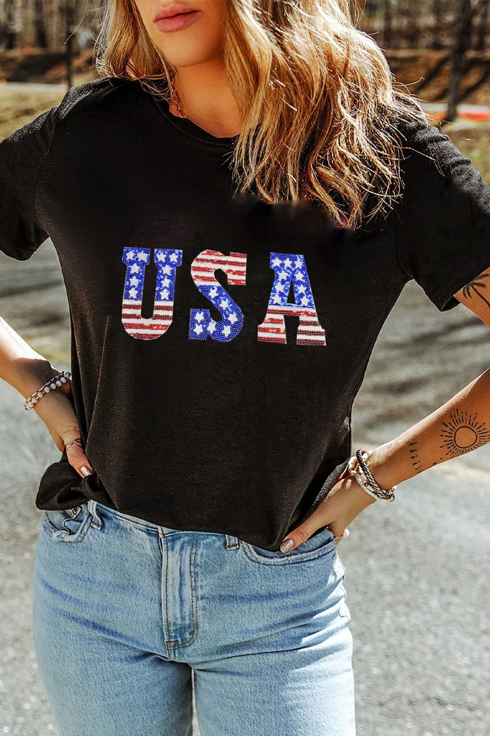USA Round Neck Short Sleeve T-Shirt – Black by Simply Love