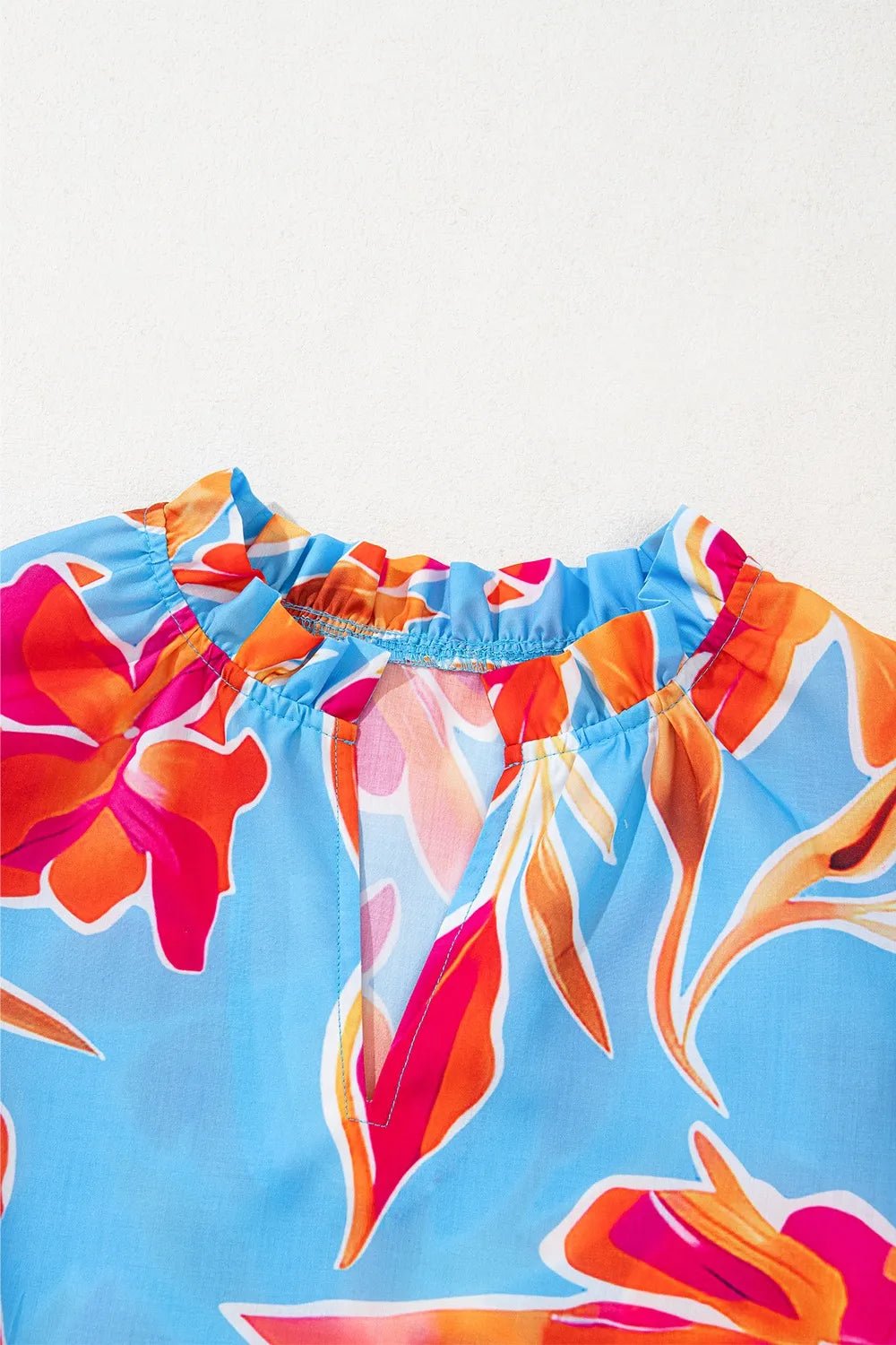 Floral Print Notched Pompom Trim Flutter Sleeve Blouse – Sky Blue for Shopify Collective (5 view)