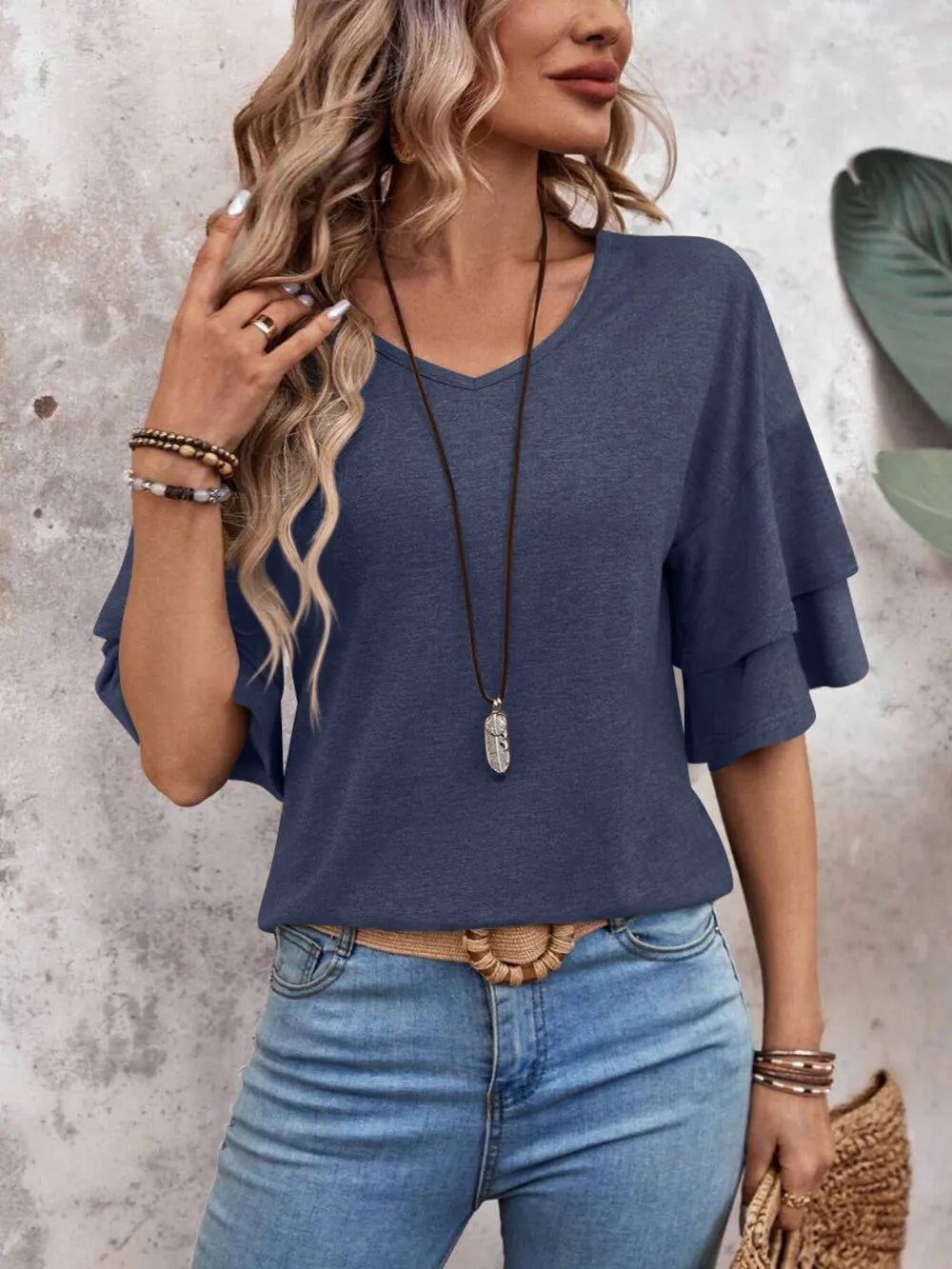 V - Neck Half Sleeve Blouse – Indigo for Shopify Collective (13 view)