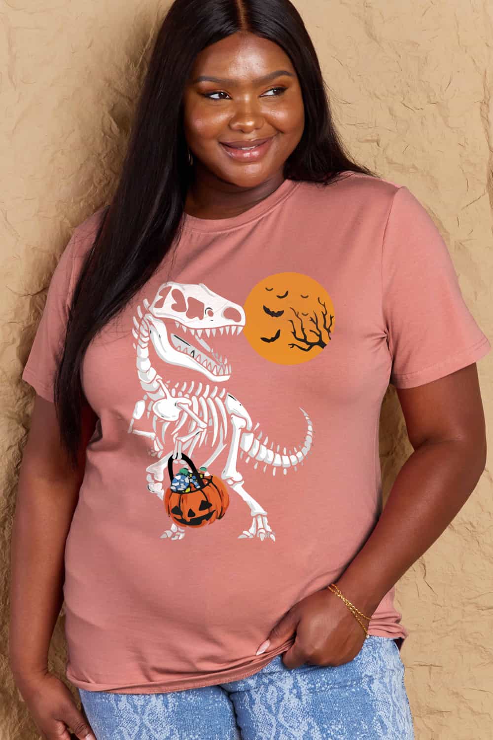 Simply Love Full Size Dinosaur Skeleton Graphic Cotton Tee – Dusty Pink Women's Top for Shopify Collective (11 view)