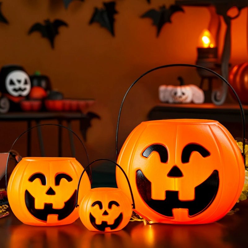 3 - Pack Halloween Pumpkin Buckets – 7" Trick - or - Treat Candy Holders | Jack O’ Lantern Party Decor – Small Pumpkin for Candy Storage (7 view)