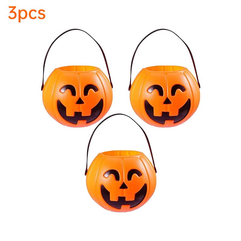 3 - Pack Halloween Pumpkin Buckets – 7" Trick - or - Treat Candy Holders | Jack O’ Lantern Party Decor – Med Pumpkin for Candy Storage (3 view)