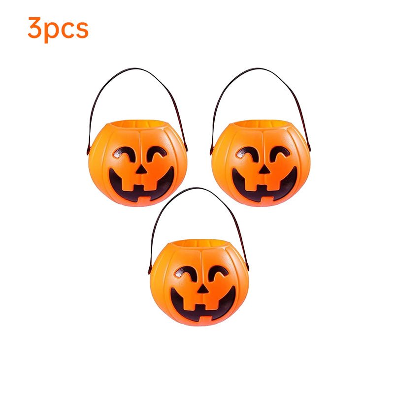 3 - Pack Halloween Pumpkin Buckets – 7" Trick - or - Treat Candy Holders | Jack O’ Lantern Party Decor – Small Pumpkin for Candy Storage (5 view)