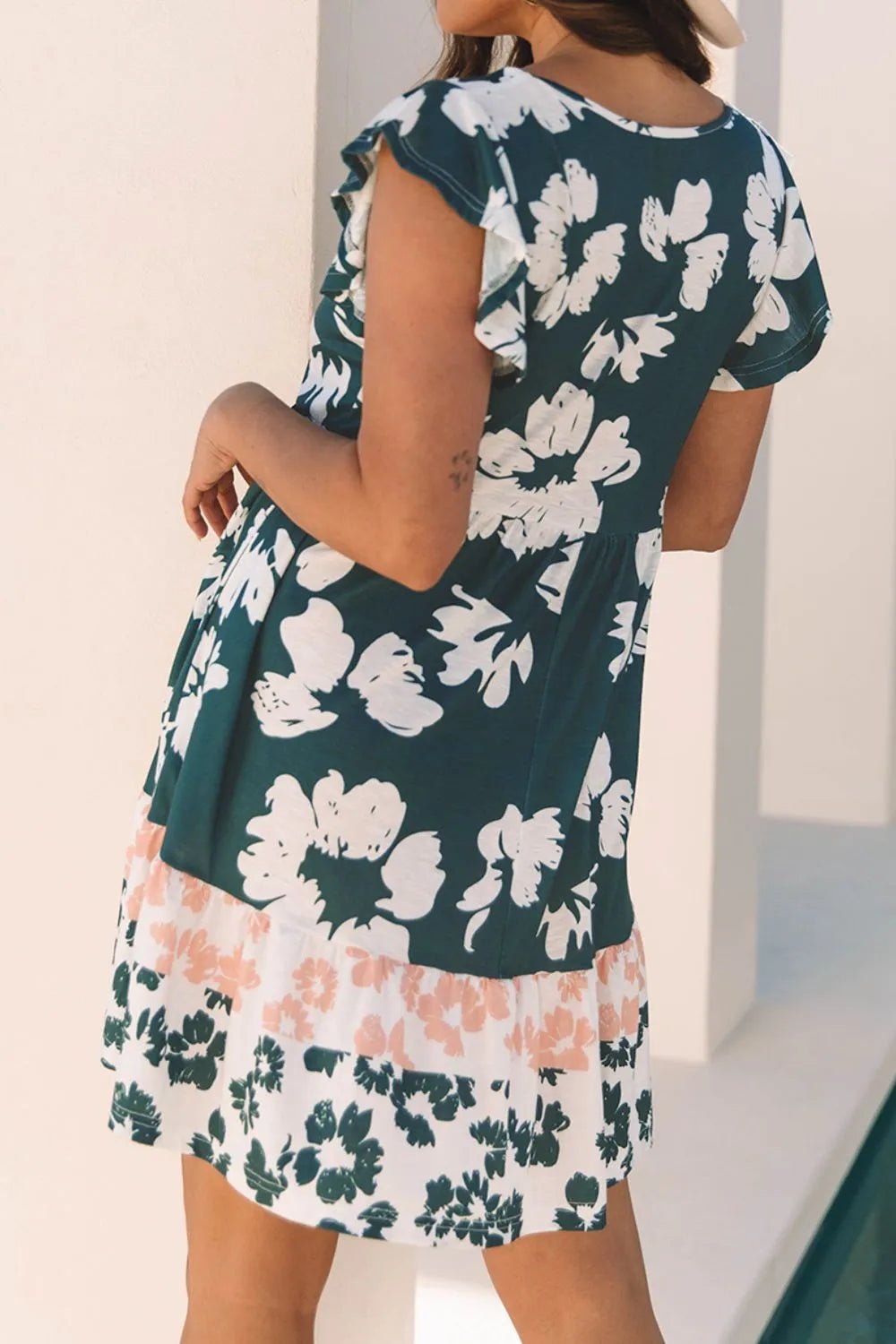 Floral Print Ruffle Sleeve Empire Waist Mini Dress – Dark Green for Shopify Collective (3 view)