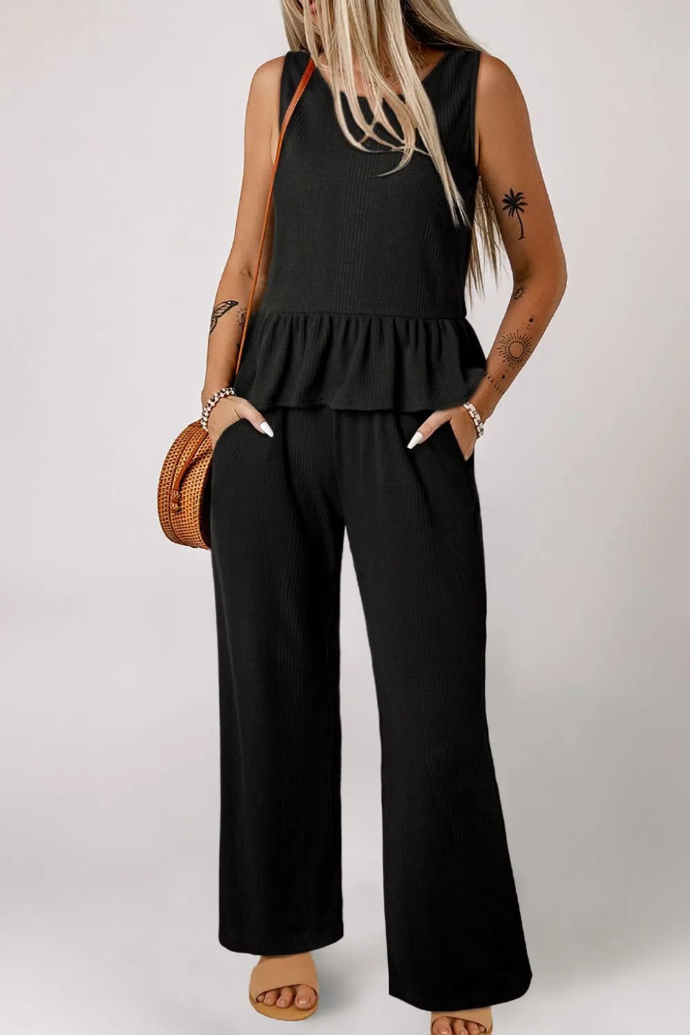 Color Ribbed Ruffle Tank Top and Pants Set – Black for Shopify Collective (14 view)