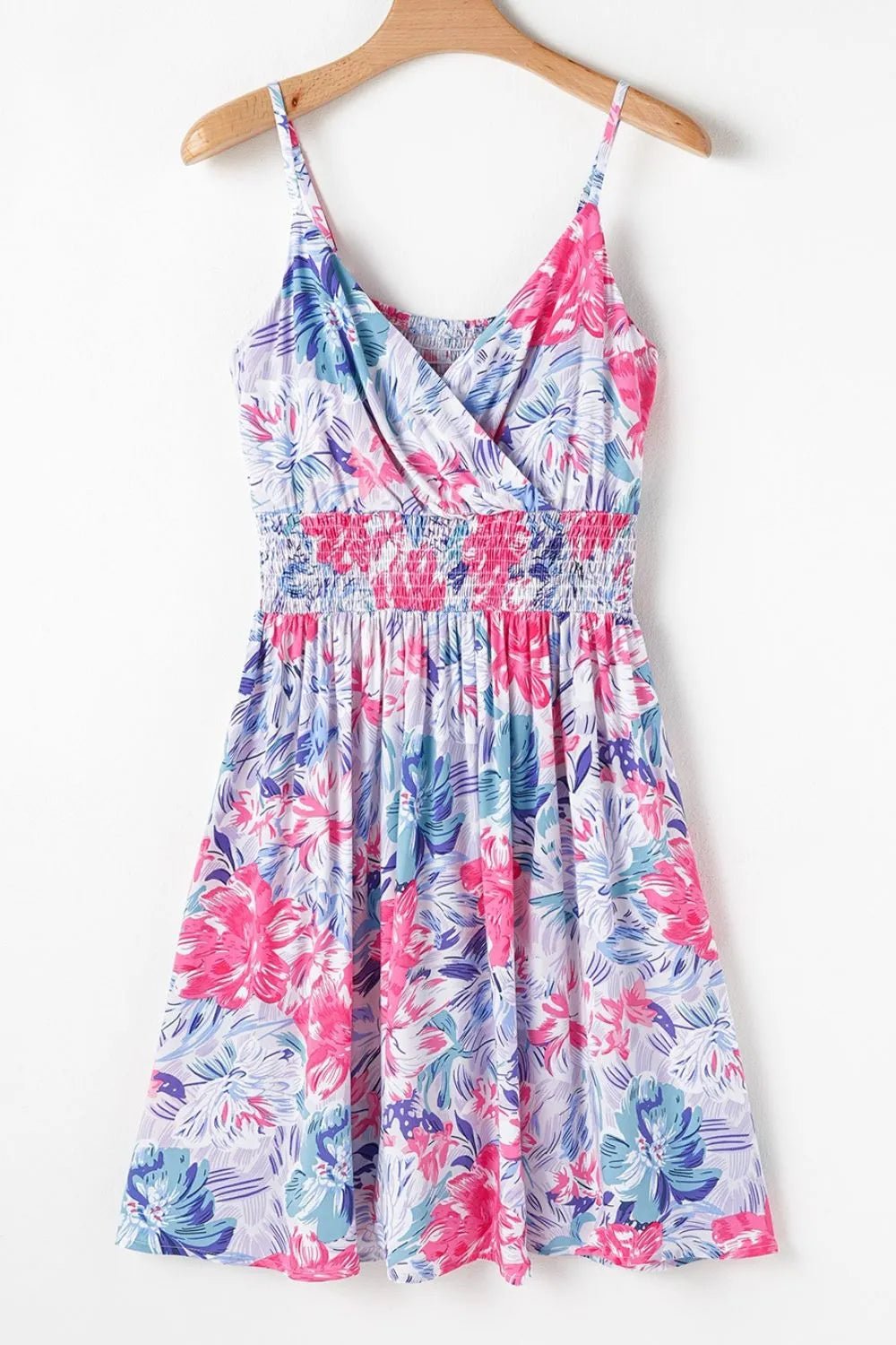 Floral Spaghetti Strap Surplice Neck Shirred Waist Mini Dress – Floral for Shopify Collective (6 view)