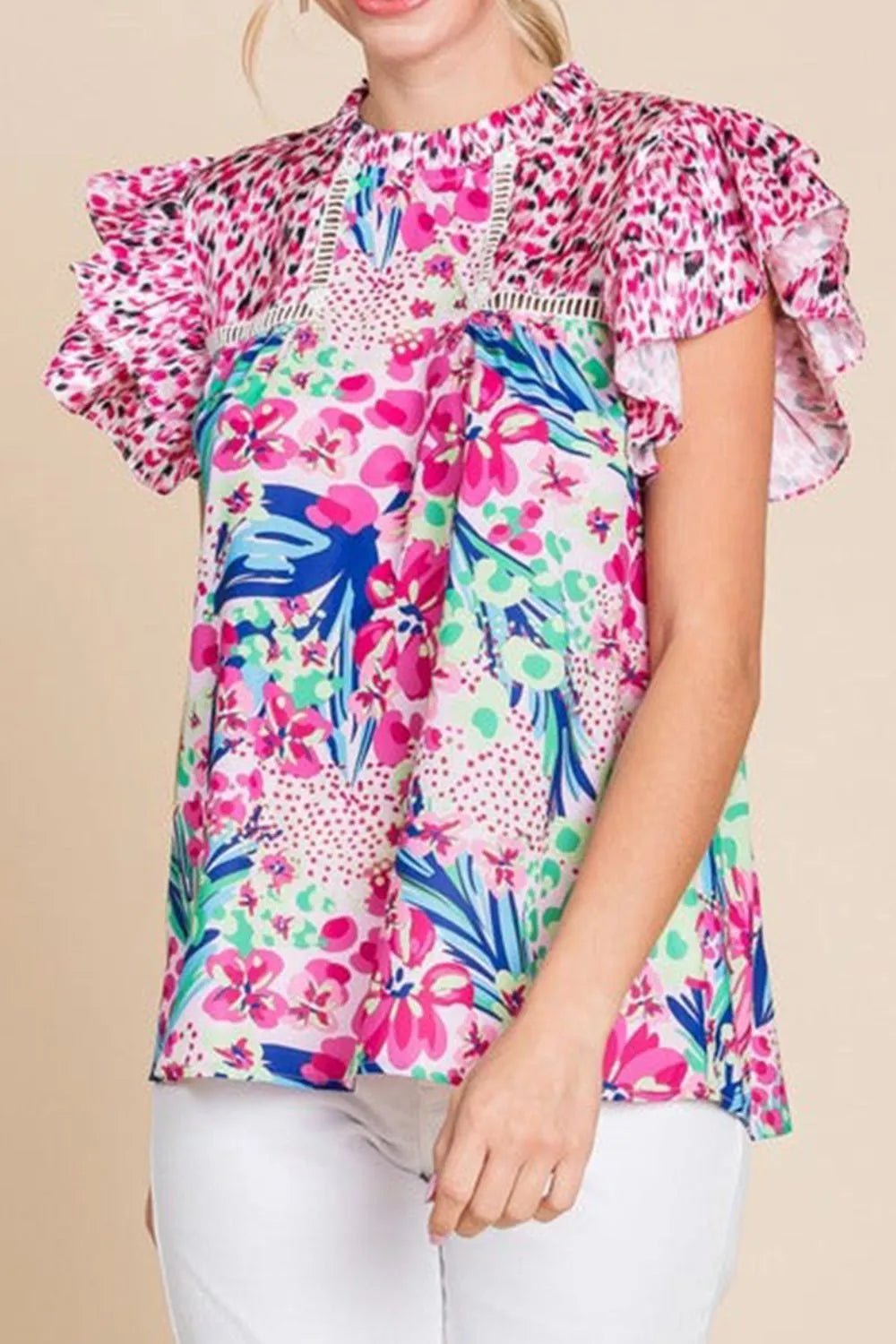 Floral Mixed Print Ruffle Cap Sleeve Blouse – Pink by Simply Love