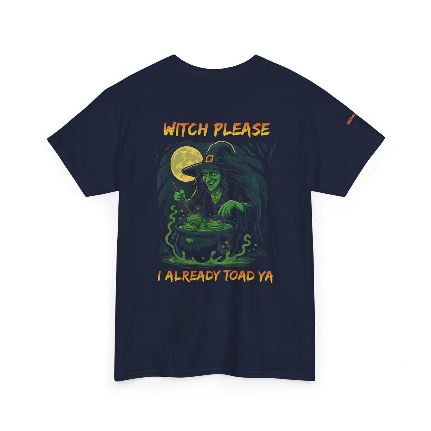 Navy blue t-shirt with witch graphic and text on a white background