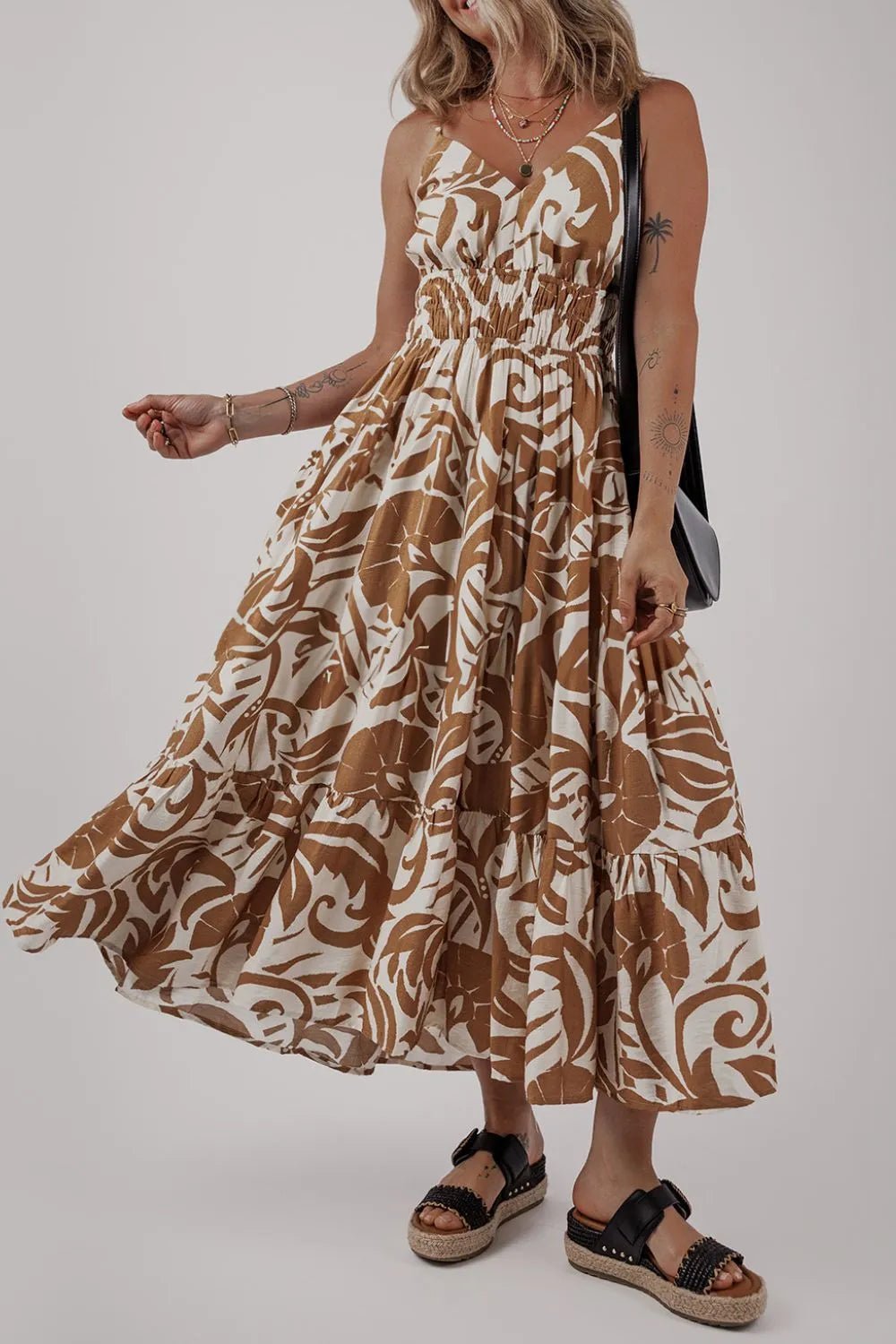 Floral Shirred High Waist Spaghetti Straps Dress – Mocha for Shopify Collective (3 view)