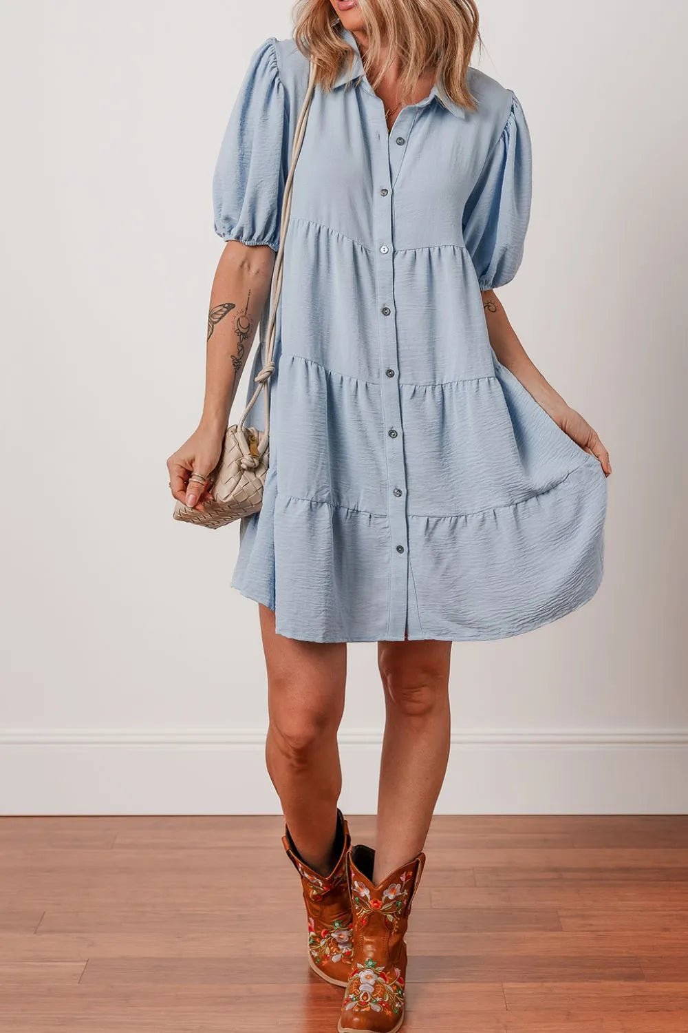 Button Up Puff Sleeve Tiered Shirt Dress – Light Blue by Simply Love