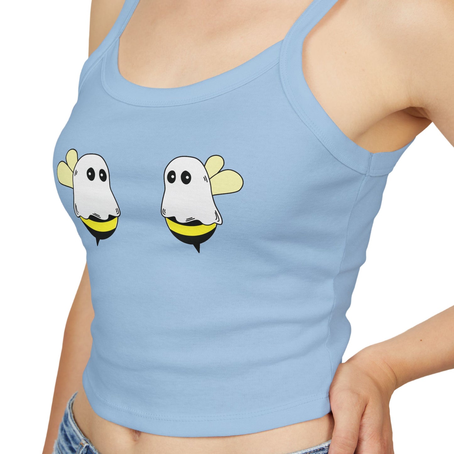 Light blue tank top with cartoon ghost design on a white background