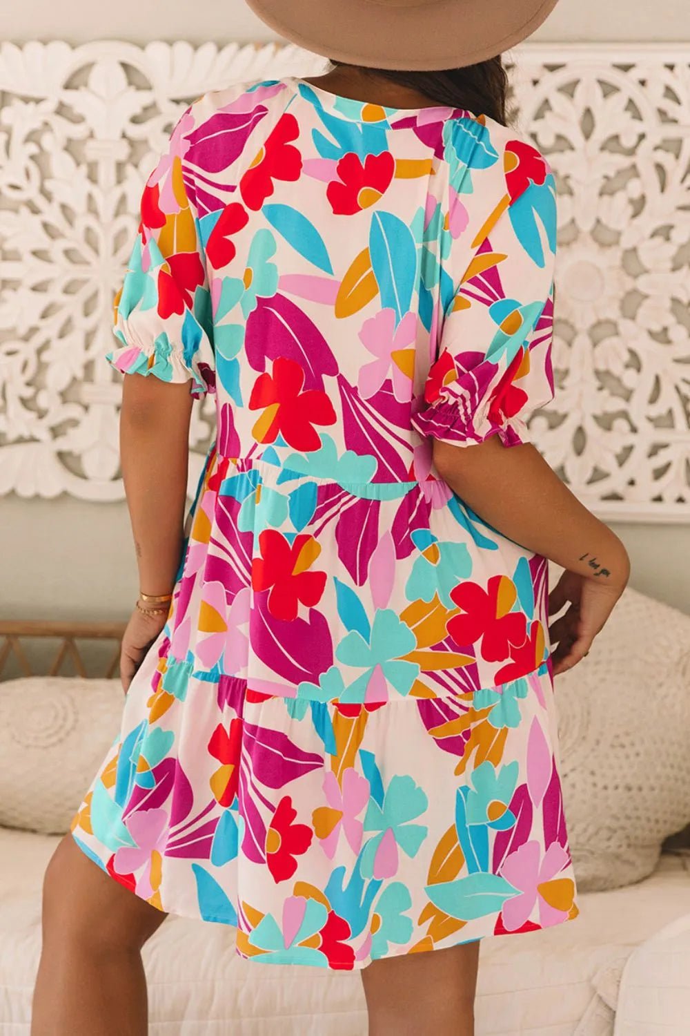 Floral Bubble Sleeve V Neck Tiered Ruffle Babydoll Dress – Floral Dresses for Shopify Collective (3 view)