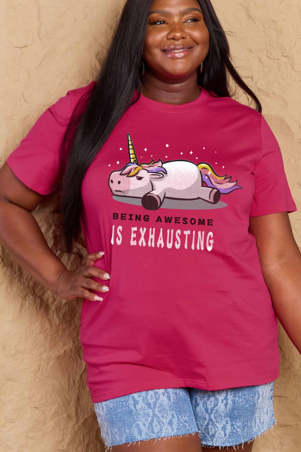 Simply Love Full Size BEING AWESOME IS EXHAUSTING Graphic Cotton Tee – Deep Rose Women's Top for Shopify Collective (4 view)