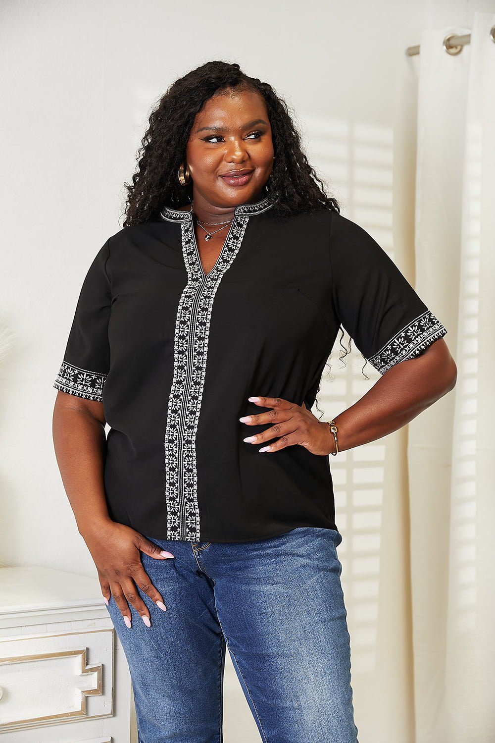 Double Take Embroidered Notched Neck Top – Black by Double Take