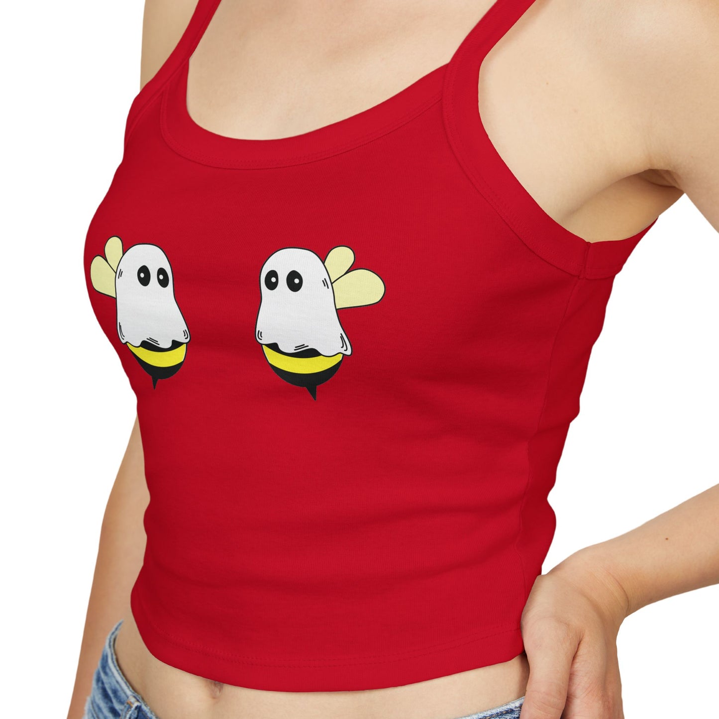 Red tank top with cartoon ghost design on a white background