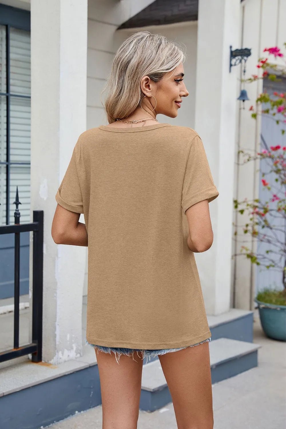 Florira Notched Short Sleeve T-Shirt – Tan Women's Top for Shopify Collective (25 view)