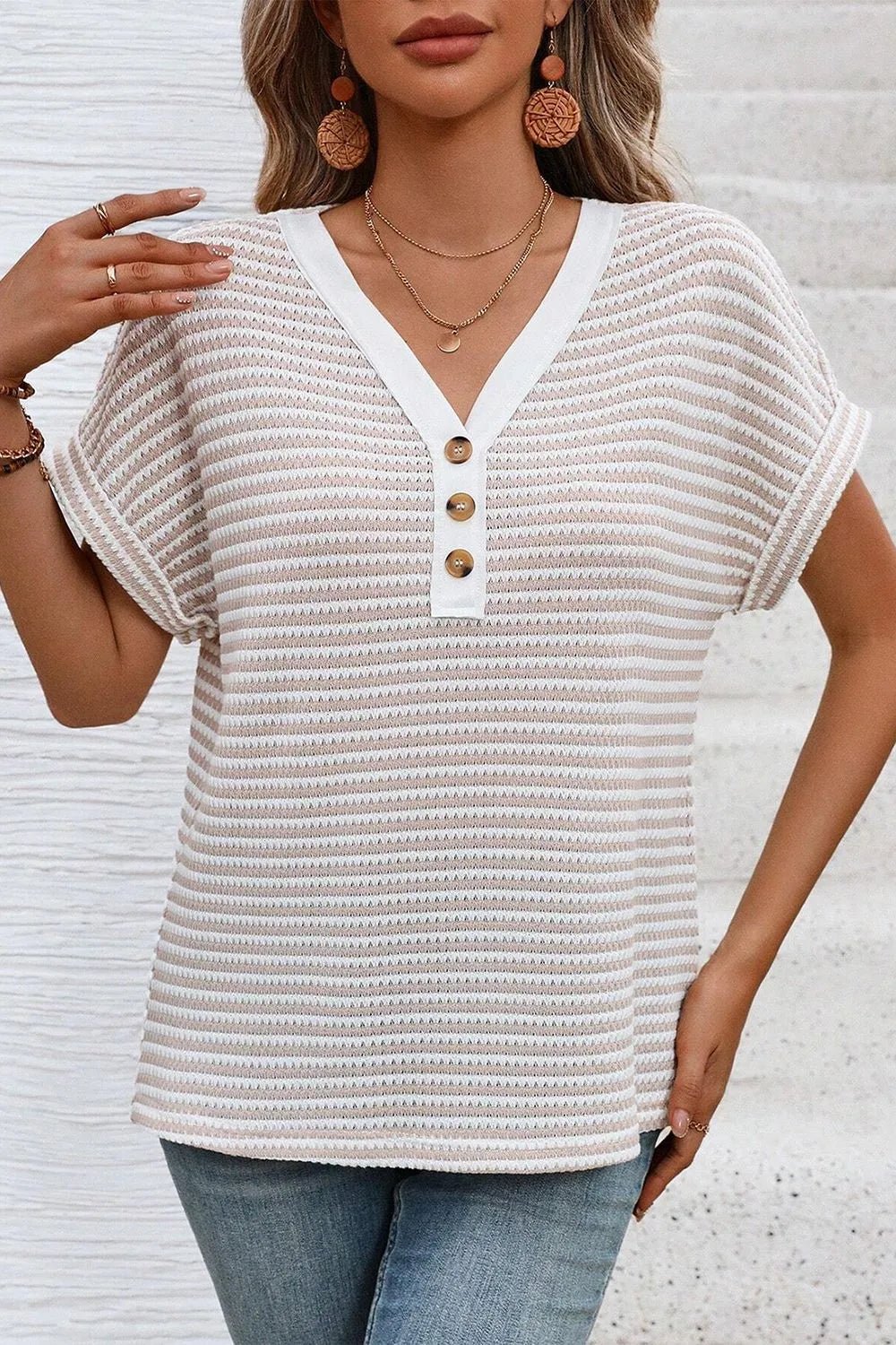 Stripe Buttoned Front V Neck T Shirt – Khaki by Simply Love