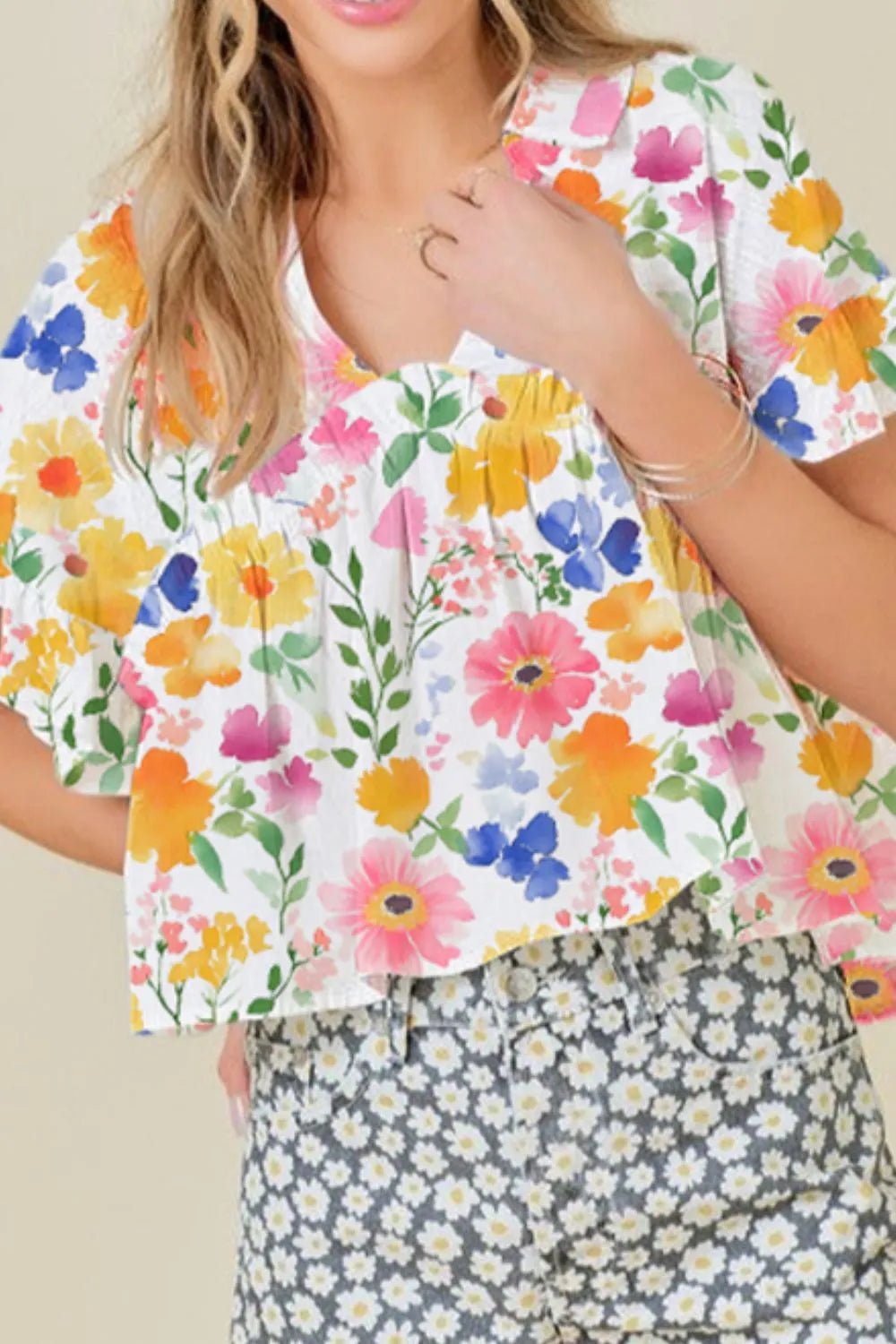 Floral Boxy Fit Ruffled Short Sleeve Blouse – Yellow for Shopify Collective (3 view)